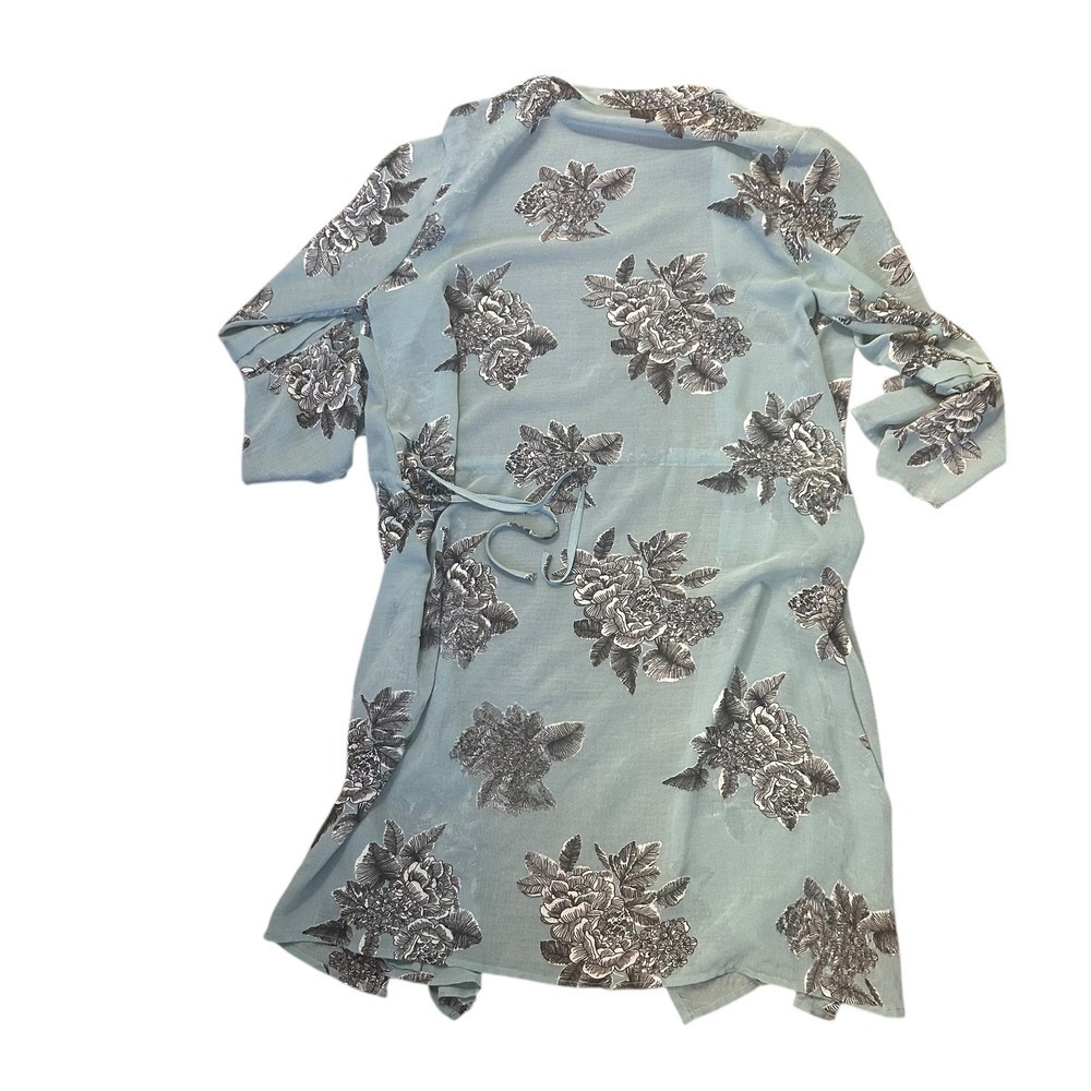 BKE Boutique Women's Boho Blue Black Floral Bell Sleeve Open Kimono Cardigan L - Picture 3 of 8